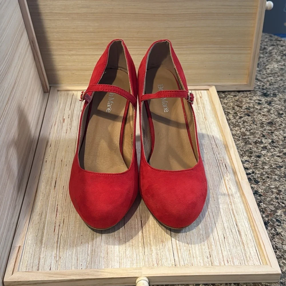 Suede Red Mary Jane Heels - Picture 5 of 15